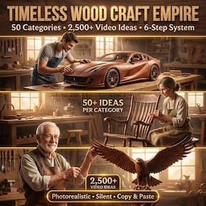 May include: An advertisement for Timeless Wood Craft Empire. The image showcases woodcraft projects, including a wooden car, a rocking chair, and an eagle sculpture. Text includes "50 Categories," "2,500+ Video Ideas," and "Photorealistic."