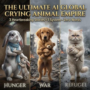 Könnte beinhalten: Ein Bild mit dem Text "THE ULTIMATE AI GLOBAL CRYING ANIMAL EMPIRE". Es zeigt Illustrationen eines weinenden Kaninchens, Hundes und Katze, die jeweils "HUNGER", "WAR" und "REFUGEE" repräsentieren. Das Bild vermittelt ein düsteres Thema.