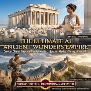 Op de afbeelding: Een advertentie met het Parthenon in Griekenland en de Chinese Muur. De tekst luidt "THE ULTIMATE AI ANCIENT WONDERS EMPIRE" met details over 10 iconische landen, 100+ wonderen en een 6-stappen systeem.