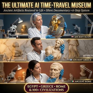 May include: An advertisement for an AI time-travel museum, featuring images of ancient artifacts. The top image shows a golden pharaoh bust, the middle a Greek statue, and the bottom a Roman bust. Text includes "Ancient Egypt", "Ancient Greece", and "Ancient Rome".