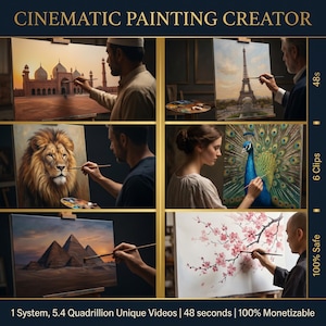 Op de afbeelding: Een promotieafbeelding voor een "CINEMATIC PAINTING CREATOR". De afbeelding is verdeeld in zes secties, elk met een persoon die een andere scène schildert: een moskee, de Eiffeltoren, een leeuw, een pauw, piramides en kersenbloesems. Tekst bevat "1 System, 5.4 Quadrillion Unique Videos | 48 seconds | 100% Monetizable."