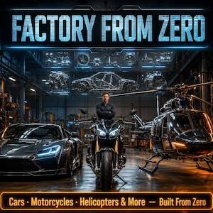 May include: A workshop scene featuring a car, motorcycle, and helicopter. The image has the text "FACTORY FROM ZERO" at the top, with the tagline "Cars • Motorcycles • Helicopters & More – Built From Zero" at the bottom.