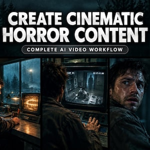 May include: A digital graphic featuring the text CREATE CINEMATIC HORROR CONTENT COMPLETE AI VIDEO WORKFLOW. The image displays three panels showing a person in a dark room with a monitor, a security camera feed, and a shadowy figure in a doorway.