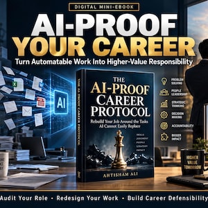 Puede incluir: Un mini libro electrónico digital titulado The AI-Proof Career Protocol de Ahtisham Ali. La portada presenta una pieza de rey de ajedrez dorada rodeada de piezas negras. El fondo muestra una oficina con texto sobre estrategia laboral.