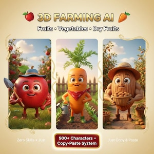 Puede incluir: Un gráfico colorido que promociona "3D FARMING AI" con frutas y verduras de dibujos animados. Se muestra una manzana con una pala, una zanahoria con una regadera y una almendra con una cesta. El texto incluye "Frutas, Verduras, Frutos secos" y "500+ caracteres Sistema copiar y pegar."