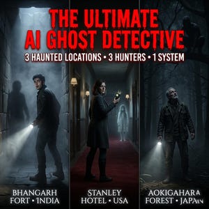 Op de afbeelding: Promotionele afbeelding voor "The Ultimate AI Ghost Detective" met drie spooklocaties: Bhangarh Fort (India), Stanley Hotel (VS) en Aokigahara Forest (Japan). De tekst benadrukt 3 spooklocaties, 3 jagers en 1 systeem.