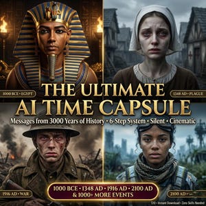 Könnte beinhalten: Werbebild mit vier historischen Figuren: ein ägyptischer Pharao, eine Frau in mittelalterlicher Kleidung, ein Soldat aus dem Ersten Weltkrieg und eine futuristische Frau. Der Text lautet "THE ULTIMATE AI TIME CAPSULE".