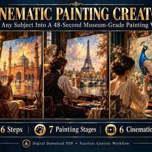 Puede incluir: Un producto digital titulado Cinematic Painting Creator con tres paneles de artistas pintando una mezquita, la Torre Eiffel y un pavo real. El texto incluye 6 Steps, 7 Painting Stages, 6 Cinematic Clips y Digital Download PDF.