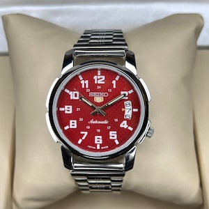 Vintage Seiko Automatik Uhr : Silberarmband. 17Jewels, rotes Zifferblatt, Day-Date, 37 mm