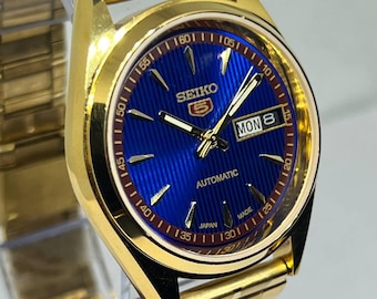 Vintage Seiko Automatic Watch: Gold Plated, Blue Dial, Day-Date, 37mm