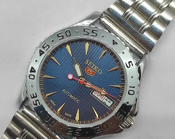 Refurbished Vintage Seiko Blue Dial Automatic Watch 38mm | Day-Date Men's Watch | Transparent Back