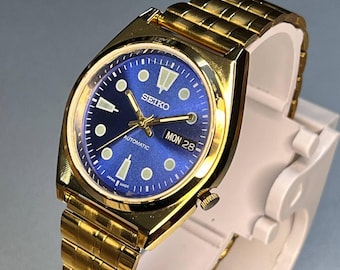 Vintage Seiko Automatic Watch: Gold Plated, Blue Dial, Day-Date, 37mm