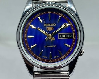 Refurbished Vintage Seiko Day-Date Blue Face Automatic Watch – Classic 37mm