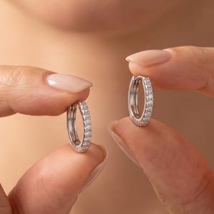 May include: A pair of small silver-toned hoop earrings, each featuring a row of clear, sparkling stones embedded along the front-facing surface. The hoops have a hinged closure mechanism and a polished metallic finish, reflecting light clearly.