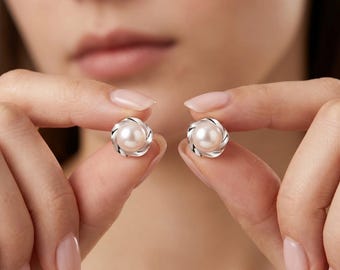 S999 Sterling Silver Pearl Stud Earrings, Minimalist Pearl Flower Earrings, Dainty Everyday Jewelry Gift for Her SIZE: Approx. 6mm and 8mm.