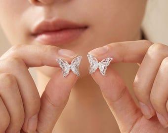 S999 Sterling Silver Butterfly Stud Earrings, Minimalist Nature Jewelry Gift