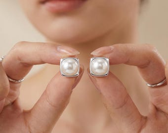 S999 Sterling Silver Pearl Stud Earrings,Minimalist Square Pearl Earrings,Dainty Elegant Studs, Gift for Her SIZE: 5mm.