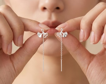 S999 Sterling Silver Ginkgo Leaf Threader Earrings, Minimalist Chain Dangle Earrings, Nature Jewelry Gift for Her