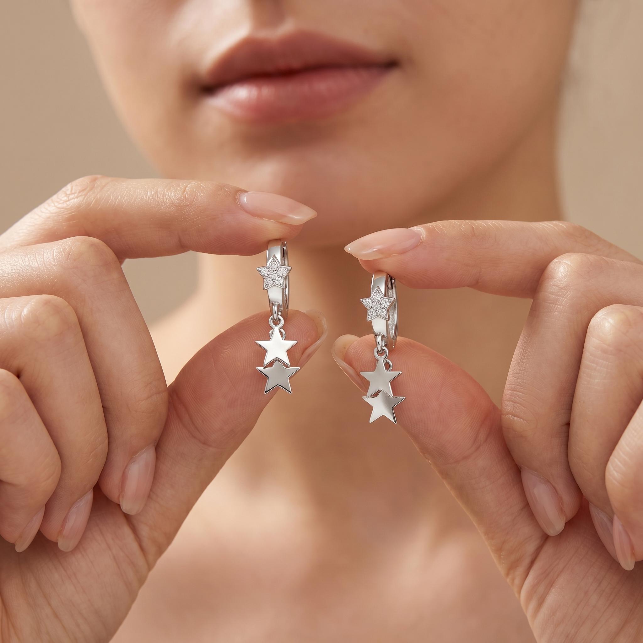 S999 Sterling Silver Star Hoop Earrings, CZ Star Dangle Earrings, Minimalist Huggie Hoops, Celestial Jewelry Gift for Her SIZE:12 × 20mm