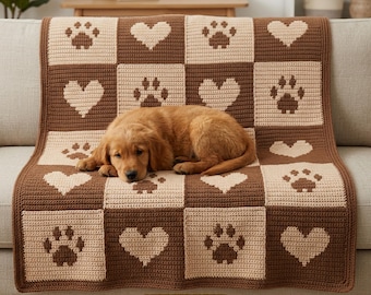 Patroon hond gehaakte deken Pootafdruk hartdeken middelgroot haakpatroon PDF-overlay Mozaïek gehaakt dekenpatroon huisdier