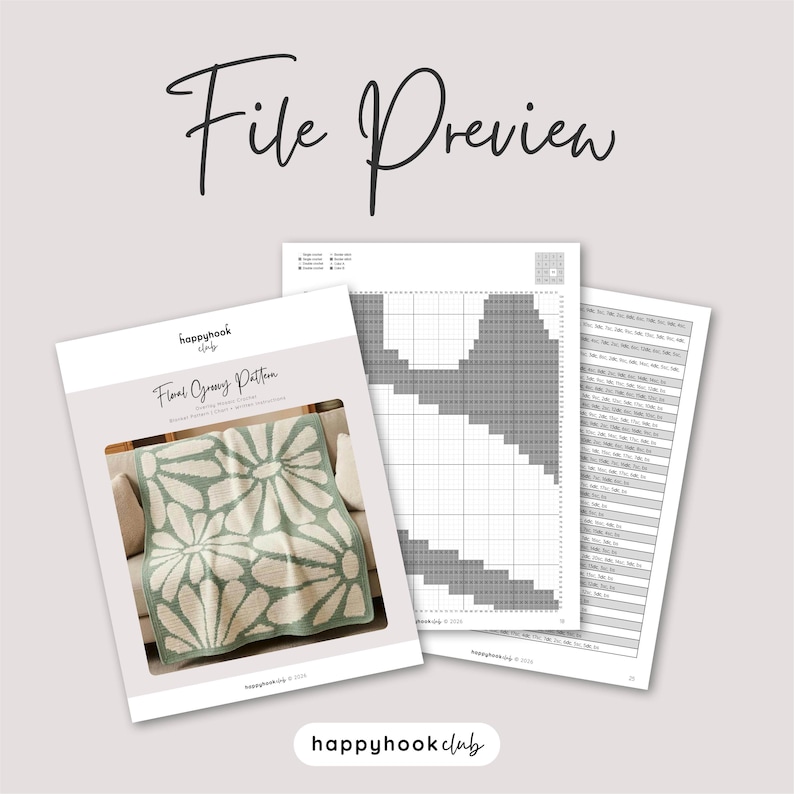 May include: A file preview of a crochet pattern, featuring a floral design. The pattern includes a cover with the text "Floral Granny Pattern" and a diagram. The image also shows a finished blanket with a floral design.