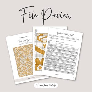 May include: A digital file preview for a Floral Heart Bee crochet pattern by happyhookclub. The document includes a cover page with a yellow and white bee design, a grid-based crochet chart, and a page of written instructions in English.