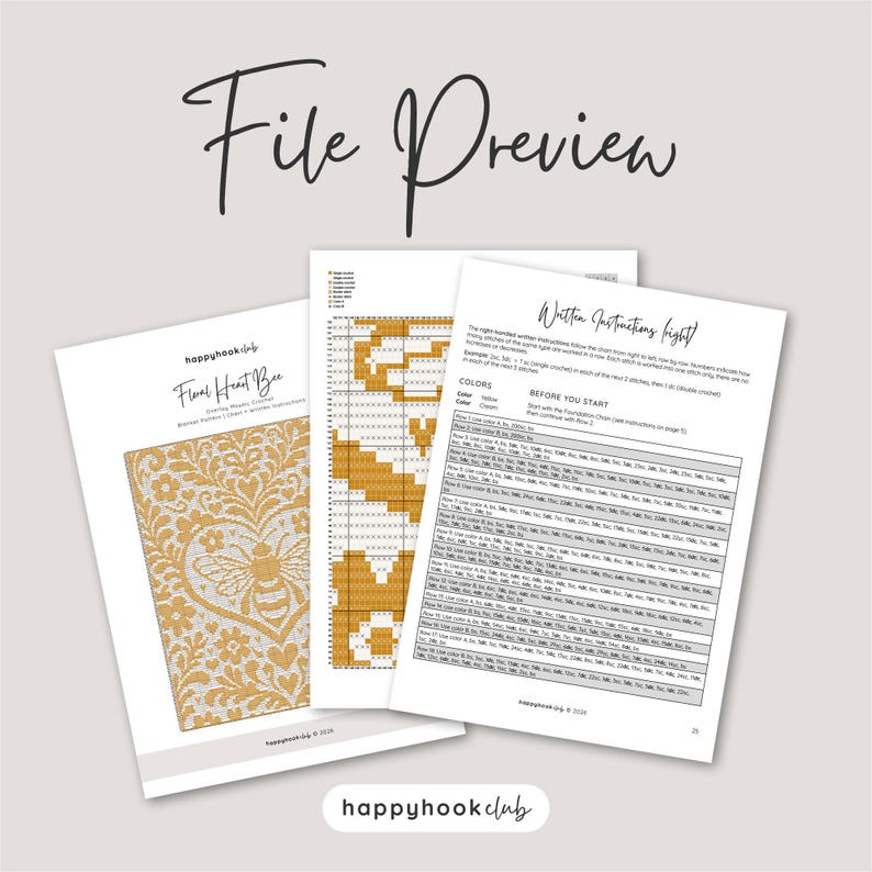 May include: A digital file preview for a Floral Heart Bee crochet pattern by happyhookclub. The document includes a cover page with a yellow and white bee design, a grid-based crochet chart, and a page of written instructions in English.