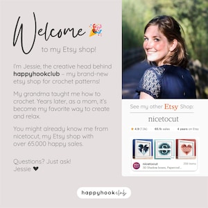 May include: A promotional image for the Etsy shop happyhookclub, featuring a smiling woman and text that reads "Welcome to my Etsy shop!" The shop offers crochet patterns. The image also promotes another shop, nicetocut, with 65.1k sales.