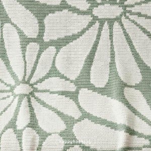 May include: Close-up of a crocheted blanket with a large daisy pattern. The blanket features white daisy petals outlined in a soft green against a white background. The texture of the crochet stitches is visible.