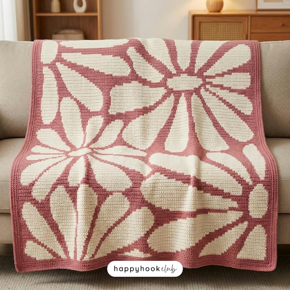 Retro Flower Crochet Blanket Groovy Pattern Bold Floral Overlay Mosaic PDF Throw