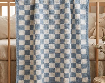 Blauw geruit gehaakt dekenpatroon modern pastel babydeken overlay mozaïek gehaakt patroon gezellig dambord Afghaans