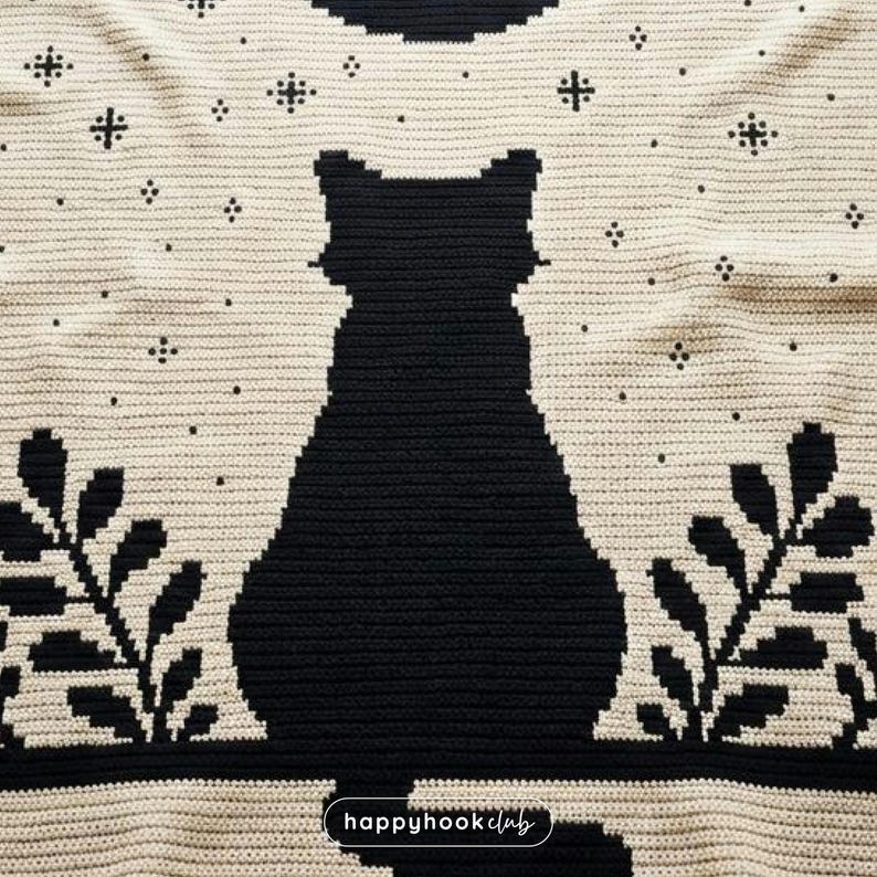 May include: A crocheted blanket featuring a large black cat silhouette against a cream-colored background. The design includes stylized leaves and star-like accents. The blanket has a textured appearance, with the words "happyhookclub" in the bottom right corner.