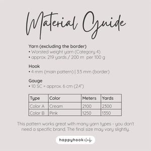 May include: A beige material guide with black handwritten text. The guide lists yarn, hook, and gauge specifications. It includes a table with yarn color, meters, and yards. The text "happyhookclub" is at the bottom.