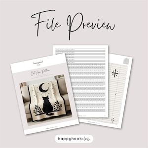 May include: A file preview of a crochet pattern titled "Cat Moon Pattern" featuring a black cat silhouette, moon, and stars on a cream-colored blanket. The image includes additional pages with charts and the text "happyhook club".