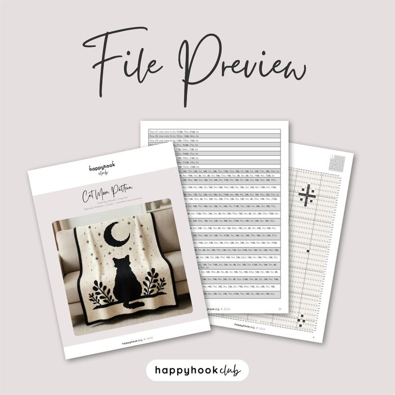 May include: A file preview of a crochet pattern titled "Cat Moon Pattern" featuring a black cat silhouette, moon, and stars on a cream-colored blanket. The image includes additional pages with charts and the text "happyhook club".