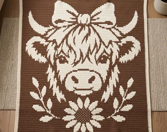 Highland Cow gehaakte deken patroon overlay mozaïek gehaakte pdf boerderij babydeken patroon koe Afghaans patroon westerse kinderkamer inrichting