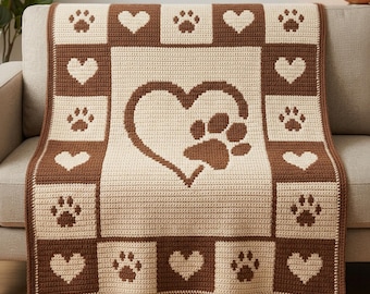Paw Print Crochet Blanket Pattern Dog Lover Blanket Overlay Mosaic Crochet Pattern Pet Memorial Afghan Heart Paw Blanket Instant Download
