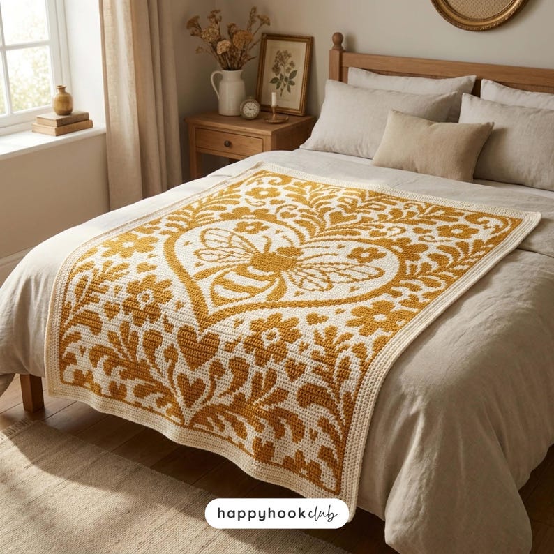 Floral Heart Bee Overlay Mosaic Crochet Blanket Pattern PDF Bee Crochet Graph Cottagecore Blanket Design Instant Download image 4