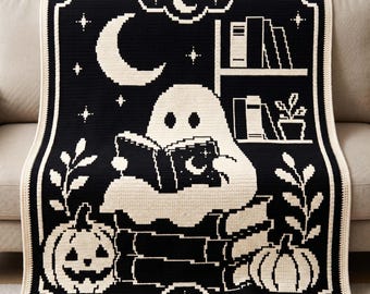 Ghost Reading Book Overlay Mosaic Crochet Blanket Pattern PDF Halloween Ghost Bookshelf Pumpkin Afghan Chart and Written Instructions