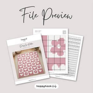 May include: A preview of a crochet pattern titled "Daisy Love Pattern" featuring a pink and white daisy and heart design. The image includes a color chart and a page of instructions. The text "File Preview" is at the top.