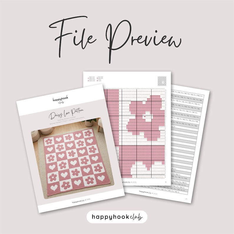 May include: A preview of a crochet pattern titled "Daisy Love Pattern" featuring a pink and white daisy and heart design. The image includes a color chart and a page of instructions. The text "File Preview" is at the top.