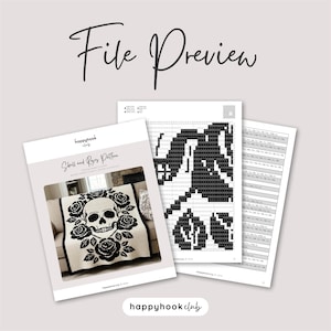 Puede incluir: Vista previa de un archivo de patr&oacute;n de ganchillo. El patr&oacute;n presenta un dise&ntilde;o de calavera y rosas. La imagen incluye una tabla de patrones y una vista previa del producto terminado. El texto "File Preview" est&aacute; en la parte superior y el logotipo de Happy Hook Club en la parte inferior.