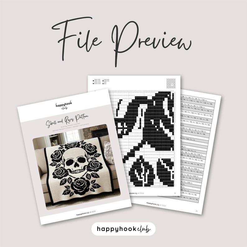 Puede incluir: Vista previa de un archivo de patr&oacute;n de ganchillo. El patr&oacute;n presenta un dise&ntilde;o de calavera y rosas. La imagen incluye una tabla de patrones y una vista previa del producto terminado. El texto "File Preview" est&aacute; en la parte superior y el logotipo de Happy Hook Club en la parte inferior.