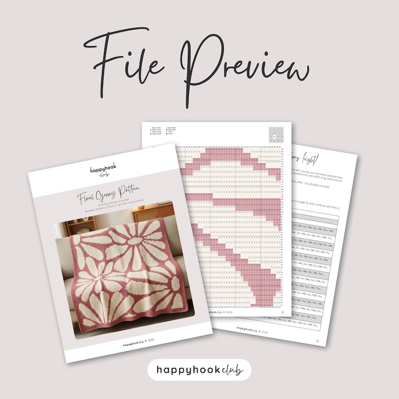 May include: A file preview of a crochet pattern. The pattern includes a cover page with the text "Floral Granny Pattern" and a photo of a pink and cream floral blanket. Additional pages show the pattern instructions and a color chart.