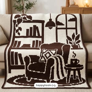 Cozy Library Overlay Mosaic Crochet Blanket Pattern PDF Reading Room Books Cozy Home Afghan Chart & Written Instructions