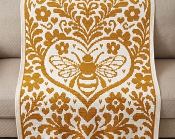 Floral Heart Bee Overlay Mosaic Crochet Blanket Pattern PDF Bee Crochet Graph Cottagecore Blanket Design Instant Download