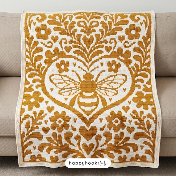 Floral Heart Bee Overlay Mosaic Crochet Blanket Pattern PDF Bee Crochet Graph Cottagecore Blanket Design Instant Download