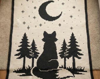 Overlay Mozaïek gehaakte dekenpatroon Fox Moon Forest deken PDF gehaakt dierlijk patroon Woodland Afghan Night Sky Crochet