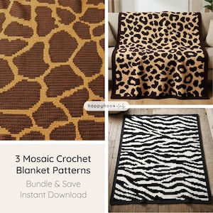 Op de afbeelding: Drie mozaïek haakpatronen voor dekens worden getoond, met dierenprints. De patronen omvatten een giraffenprint in bruin en beige, een luipaardprint in bruin en beige en een zebraprint in zwart en wit. De tekst luidt: "3 Mozaïek Haakpatronen voor Dekens Bundel & Bespaar Direct Downloaden."