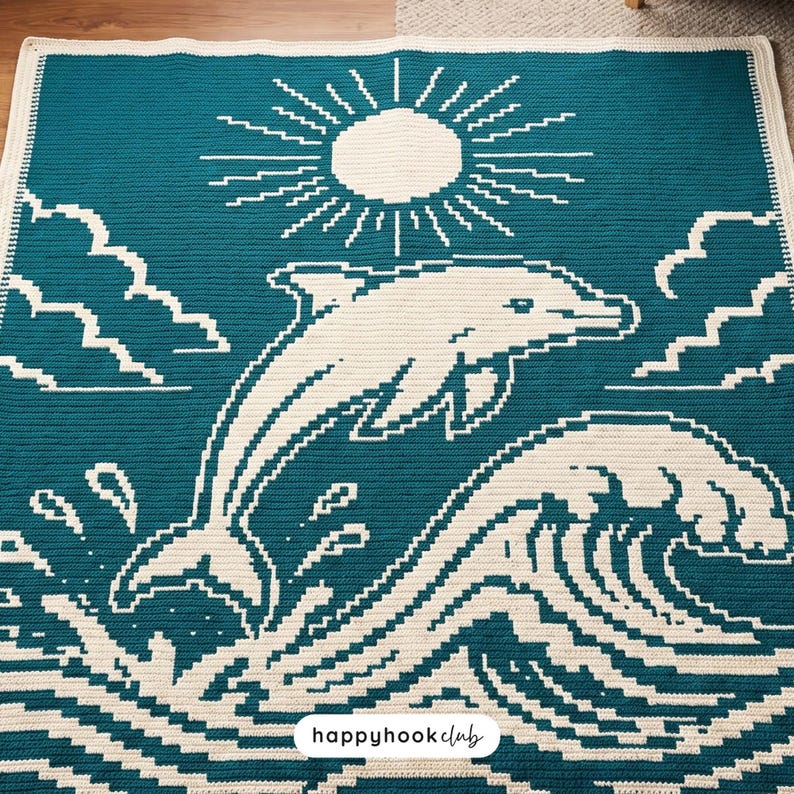Dolphin Mosaic Crochet Blanket Pattern Overlay Mosaic Crochet PDF Ocean Crochet Chart Beach Blanket Sea Life Design image 2